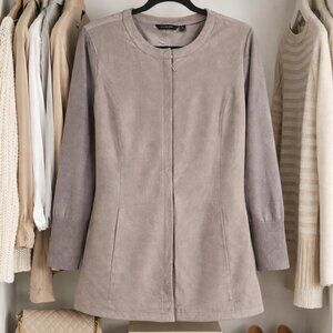 H by Halston Faux Suede Knit Sleeve Zip Front Jacket Taupe Size 14